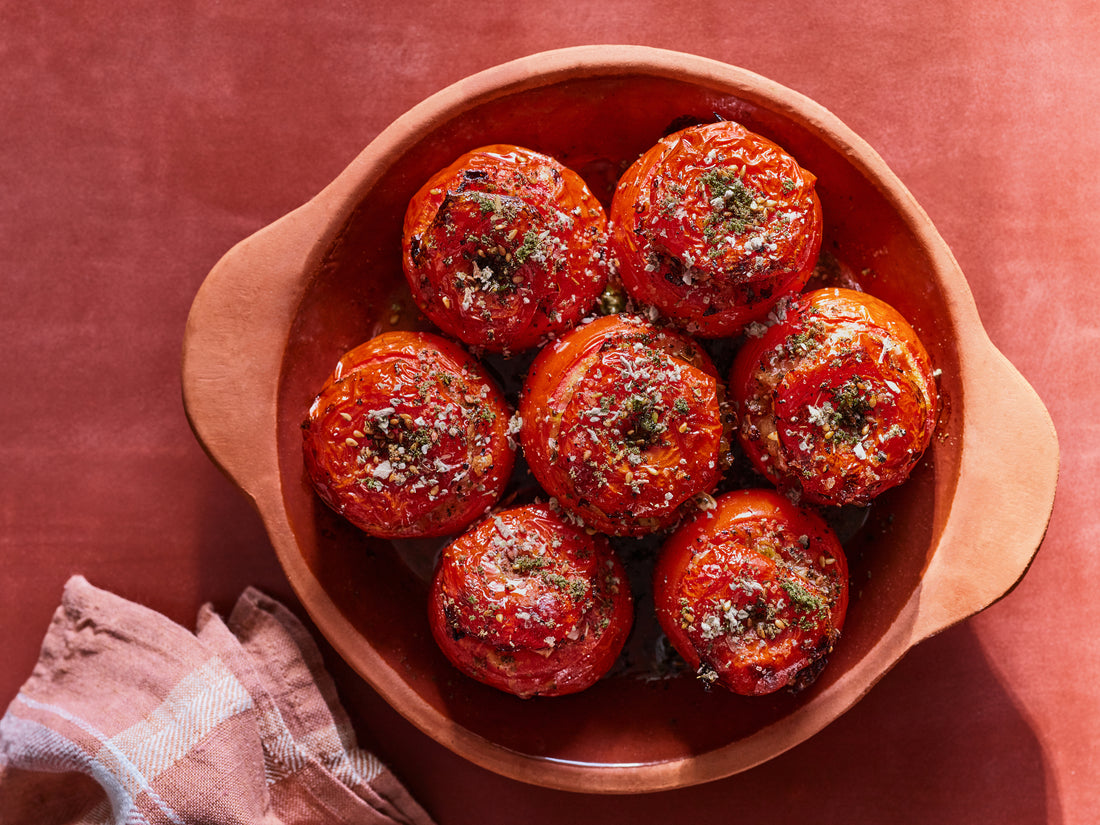 HYSSOP BAKED TOMATOES STUFFED WITH ZA'ATAR CARAMELIZED CABBAGE